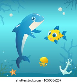 Vector illustration of the underwater world animals - dolphin, fish, jellyfish, starfish on blue background with corals and anchor