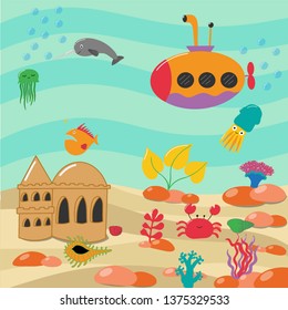 Vector illustration of the underwater world. Vector composition of cartoon life under water - algae, shells, fish.