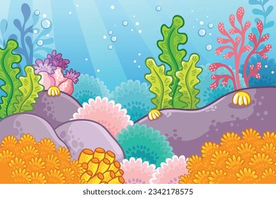 Vector illustration with the underwater world and corals on the marine theme. Seaweed in cartoon style.
