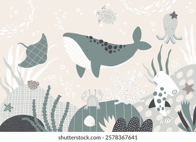 Vector illustration underwater world with cute whale, stingray, shark, turtle, octopus, crab. Algae and coral. Children's sea wallpaper. Animals. Kids room design, wall decor. Mural. Wall art.