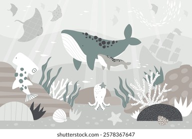 Vector illustration underwater world with cute whale, stingray, shark, octopus, shipwreck, shell. Algae and coral. Children's sea wallpaper. Animals. Kids room design, wall decor. Mural. Wall art.