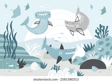 Vector illustration underwater world with cute cute sharks, hammerhead shark, fish, stingray, seabed. Algae and coral. Children's sea wallpaper. Animals. Kids room design, wall decor. Mural. Wall art.