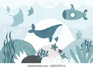 Vector illustration underwater world with cute whale, fishes, stingray and submarine. Algae and coral. Children's sea wallpaper. Animals. Kids room design, wall decor. Mural. Wall art. Sea. Ocean.