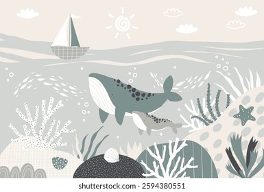 Vector illustration underwater world with cute mama whale and baby whale . Algae and coral, sun and clouds. Children's sea wallpaper. Animals. Kids room design, wall decor. Mural. Wall art.