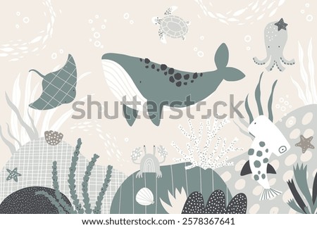 Vector illustration underwater world with cute whale, stingray, shark, turtle, octopus, crab. Algae and coral. Children's sea wallpaper. Animals. Kids room design, wall decor. Mural. Wall art.