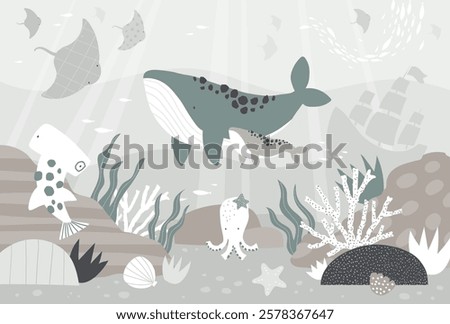 Vector illustration underwater world with cute whale, stingray, shark, octopus, shipwreck, shell. Algae and coral. Children's sea wallpaper. Animals. Kids room design, wall decor. Mural. Wall art.