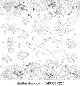 Vector illustration underwater world. Doodle sea, ocean, fairy story, a treasure chest adventure. Coloring book anti stress for adults and child. Black and white.