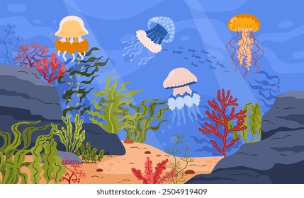 Ilustración vectorial del mundo submarino con medusas, algas, peces y el fondo marino con arena y piedras. Ideal para crear un diseño con la vida marina