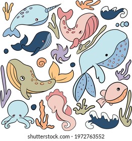 Vector illustration "Underwater world" with the image of a seashell, fish, stars, seahorse, plants. Vector set of marine animals.