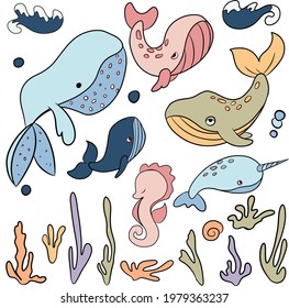 Vector illustration "Underwater world" with the image of a seashell, fish, stars, seahorse, plants. Vector set of marine animals.