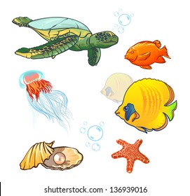 vector illustration. underwater world with marine animals. vector illustration. underwater world with marine animals. fish, shell, jellyfish, starfish