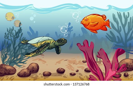 vector illustration. underwater world with marine animals. vector illustration. underwater world with marine animals. fish, shell, jellyfish