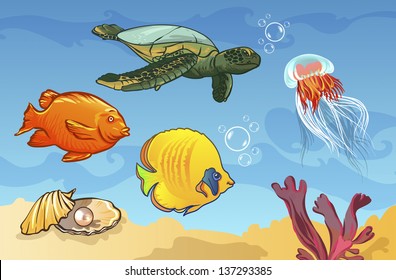 vector illustration. underwater world with marine animals. vector illustration. underwater world with marine animals. fish, shell, jellyfish