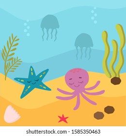 vector illustration. Underwater world, marine life. Jellyfish and seahorses, whale and stars, crabs and turtles swim in the water. Around the sea weed, the sand and air bubbles. Brightly colored