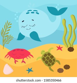 vector illustration. Underwater world, marine life. Jellyfish and seahorses, whale and stars, crabs and turtles swim in the water. Around the sea weed, the sand and air bubbles. Brightly colored