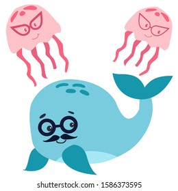vector illustration. Underwater world, marine life of oceanic animals. Octopus in glasses. Kit with glasses. Mustache and glasses on sea creatures. Isolated on white background