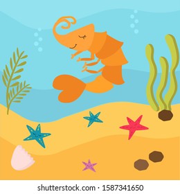 vector illustration. Underwater world, marine life of oceanic animals. Orange shrimp and starfishes swim in the water. Around the driftwood, the sand and air bubbles. Bright colors
