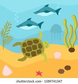 vector illustration. Underwater world, marine life of oceanic animals. Sharks and turtle swim in the water. Around the driftwood, the sand and air bubbles. Bright colors