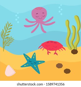 vector illustration. Underwater world, marine life.  stars, crabs and octopus swim in the water. Around the sea weed, the sand and air bubbles. Brightly colored