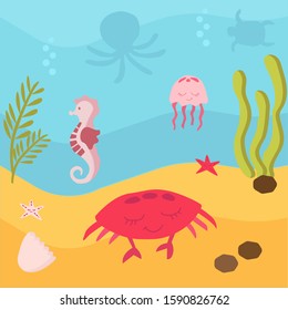 vector illustration. Underwater world, marine life. Jellyfish and seahorses, whale and stars, crabs and turtles swim in the water. Around the sea weed, the sand and air bubbles. Brightly colored
