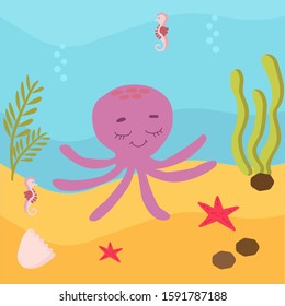 vector illustration. Underwater world, marine life. Jellyfish and seahorses, whale and stars, crabs and turtles swim in the water. Around the sea weed, the sand and air bubbles. Brightly colored