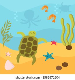 vector illustration. Underwater world, marine life of oceanic animals. Turtle and shrimp swim in the water. Around the driftwood, the sand and air bubbles. Bright colors