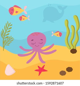 vector illustration. Underwater world, marine life of oceanic animals. Octopus and fishes swim in the water. Around the driftwood, the sand and air bubbles. Bright colors