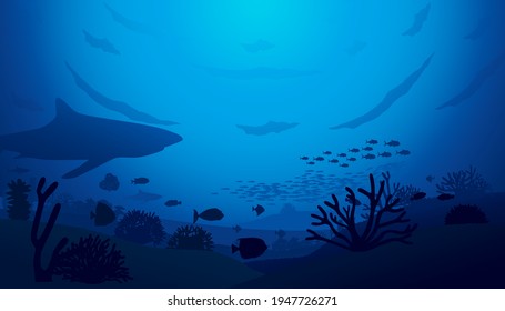 Vector illustration of underwater world scene with coral reefs and shark in the deep blue ocean .