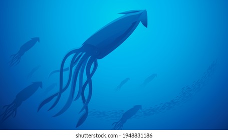 Vector illustration of underwater world scene with coral reefs and giant squids in the deep blue ocean .