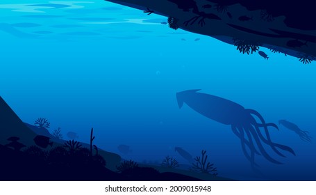 Vector illustration of underwater world scene with coral reefs and giant squids in the deep blue ocean .