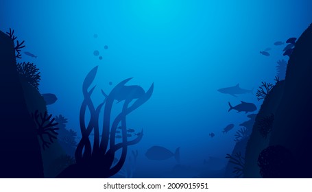 Vector illustration of underwater world scene with coral reefs and shark in the deep blue ocean .