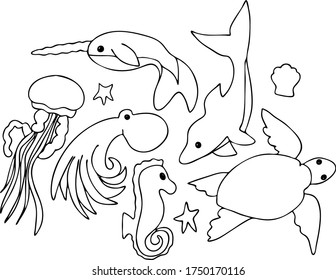 vector illustration of the underwater world. set sea animals. fish sword, octopus, seahorse. Cartoon  fish. Doodle style 