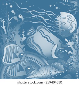 Vector illustration with underwater world of the tropical sea, coral reefs, fishes, stars and  jellyfish