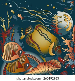 Vector illustration with underwater world of the tropical sea, coral reefs, colored fishes, stars and  jellyfish.