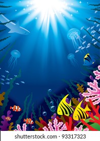 Vector illustration with underwater world of the tropical sea, coral reefs, colored fishes and bright beams of sunlight penetrate and shine through the  water's surface