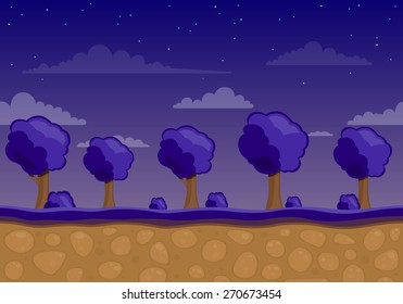 Vector Illustration of an Unending Landscape Background with Trees at Night