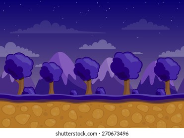Vector Illustration of an Unending Landscape Background with Trees and Mountains at Night