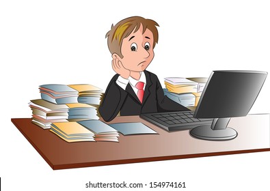 Vector illustration of unhappy businessman's desk with documents in abundance.