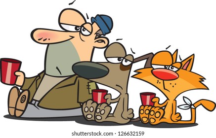 Vector illustration of unhappy group of homeless beggars