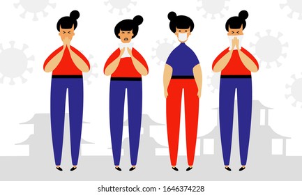 Vector illustration of unhappy sneezing or coughing girls, characters with symptoms of virus, and one person in medical face mask - 2019-nCoV novel coronavirus, covid