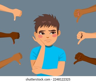 Vector illustration of unhappy young teenager boy receiving criticism concept. Young man feeling guilty after negative feedback surrounded by hands with thumbs down