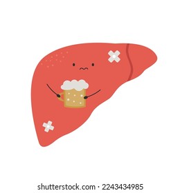 Vector illustration of unhealthy liver character with alcohol.