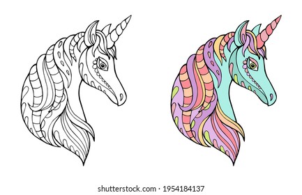 Vektorgrafik von Einhorn. Schwarz-Weiß-Vektorgrafik für das Farbbuch. Schöne Zeichnungen mit Mustern und kleinen Details. 