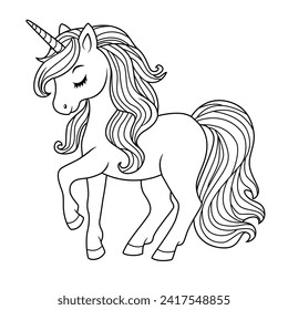 vector illustration of unicorn. black and white unicorn drawing with long mane. coloring page outline.