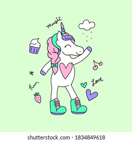 VECTOR ILLUSTRATION OF A UNICORN WITH BOOTS AND COLORFUL HAIR, SLOGAN PRINT