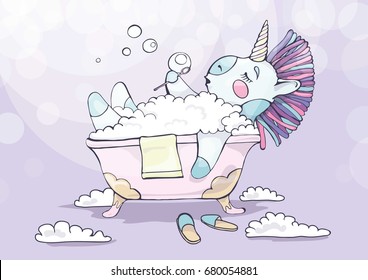 Vector illustration of a unicorn in a bubble bath. The unicorn in cartoon style bubble.