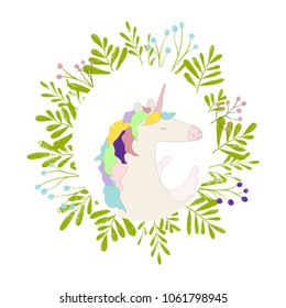 Vector illustration of unicorn card. Cute magic horse in flower frame in cartoon style. Isolated on white background.