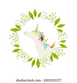 Vector illustration of unicorn card. Cute magic horse in cartoon style. Isolated on white background.