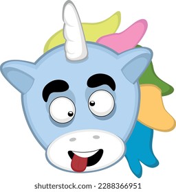 vector illustration of a unicorn cartoon, a crazy expression, with squinty eyes and tongue sticking out