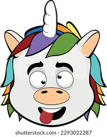 vector illustration of a unicorn cartoon, a crazy expression, with squinty eyes and tongue sticking out